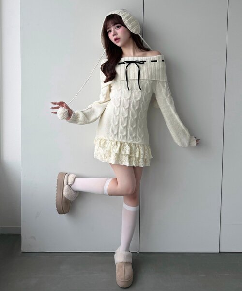 OLIVE des OLIVE(オリーブデオリーブ)の「【インフルエンサー企画】YUI girly cable one-piece(ワンピース・レディース・アイボリー/ブラック/チャコールグレー・FREE)」の16枚目の写真