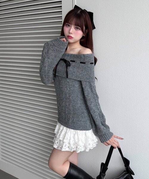 OLIVE des OLIVE(オリーブデオリーブ)の「【インフルエンサー企画】YUI girly cable one-piece(ワンピース・レディース・アイボリー/ブラック/チャコールグレー・FREE)」の18枚目の写真