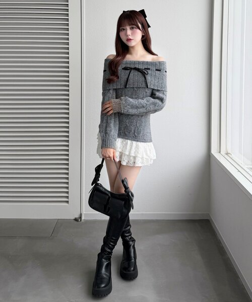 OLIVE des OLIVE(オリーブデオリーブ)の「【インフルエンサー企画】YUI girly cable one-piece(ワンピース・レディース・アイボリー/ブラック/チャコールグレー・FREE)」の19枚目の写真