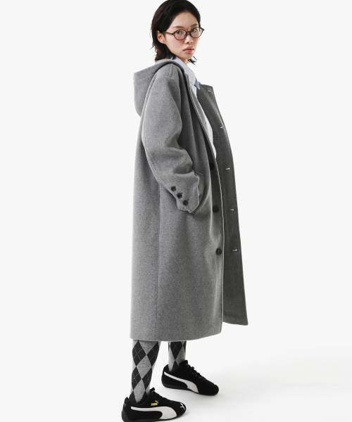 PIECEMAKER(ピースメーカー)の「HAND STITCH HOODIE MAXI WOOL COAT (GREY)(チェスターコート・レディース・その他・MEDIUM/LARGE)」の2枚目の写真