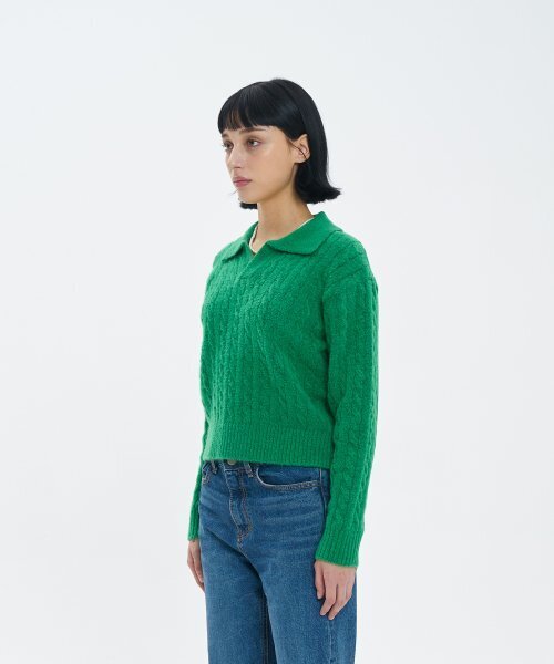 BLOND9(ブロンドナイン)の「ケーブルオープンカラーニット_ハンターグリーン(ニット/セーター・レディース・その他・MEDIUM/SMALL)」の2枚目の写真