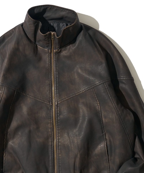 セール】ヴィンテージライク 合成皮革 スタンドカラーブルゾン