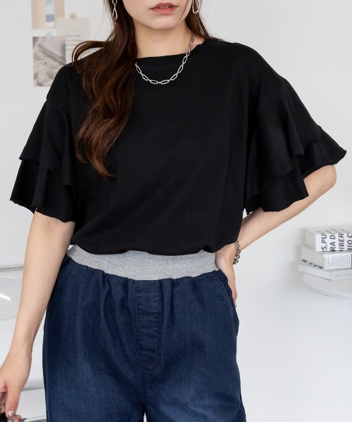 aity(アイティ)の「M-5L コットンフレア袖Tシャツ 夏服(Tシャツ/カットソー・レディース・ブラック/ピンクベージュ/ベージュ/オフホワイト・4L~5L/LL~3L/M~L)」の3枚目の写真