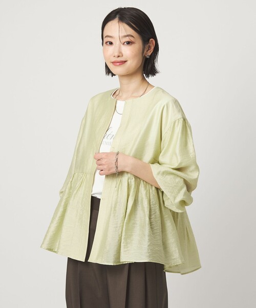 green label relaxing（グリーンレーベルリラクシング）の「［size SHORTあり］fleurie(フルリー) シアー ノーカラー ジャケット 接触冷感（ノーカラージャケット・レディース・オフホワイト/イエロー/ダークブラウン/ネイビー・SHORT/FREE）」の4枚目の写真