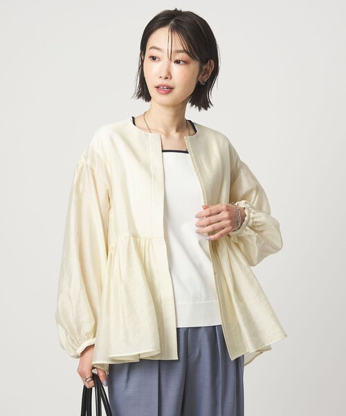 green label relaxing（グリーンレーベルリラクシング）の「［size SHORTあり］fleurie(フルリー) シアー ノーカラー ジャケット 接触冷感（ノーカラージャケット・レディース・オフホワイト/イエロー/ダークブラウン/ネイビー・SHORT/FREE）」の17枚目の写真