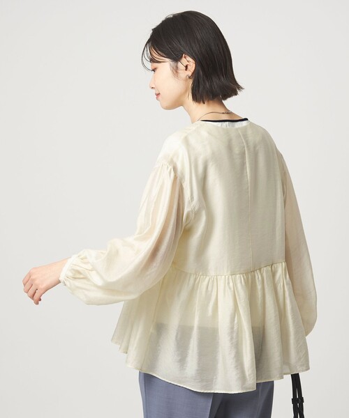 green label relaxing（グリーンレーベルリラクシング）の「［size SHORTあり］fleurie(フルリー) シアー ノーカラー ジャケット 接触冷感（ノーカラージャケット・レディース・オフホワイト/イエロー/ダークブラウン/ネイビー・SHORT/FREE）」の12枚目の写真