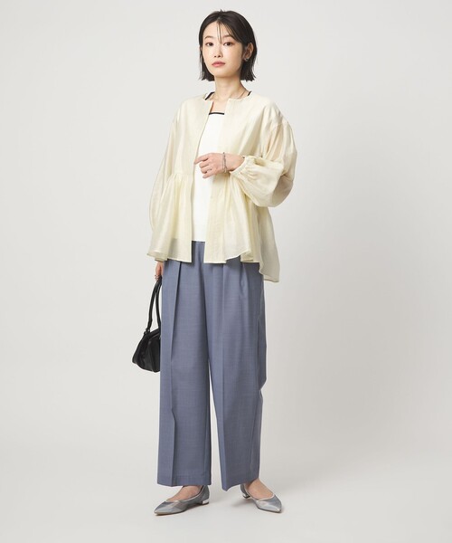 green label relaxing（グリーンレーベルリラクシング）の「［size SHORTあり］fleurie(フルリー) シアー ノーカラー ジャケット 接触冷感（ノーカラージャケット・レディース・オフホワイト/イエロー/ダークブラウン/ネイビー・SHORT/FREE）」の13枚目の写真