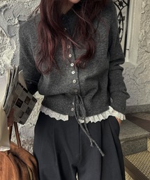 lace trim drawstring knit cardigan