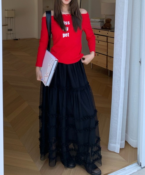 Achic(アシック)の「チュールフリル ティアードロングスカート(スカート・レディース・ホワイト/ブラック・M)」の10枚目の写真