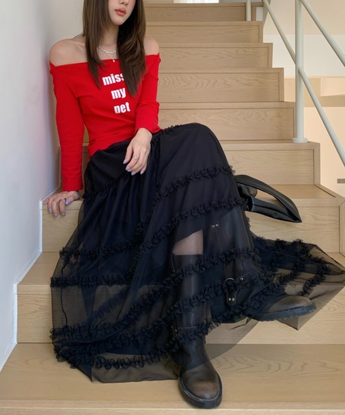 Achic(アシック)の「チュールフリル ティアードロングスカート(スカート・レディース・ホワイト/ブラック・M)」の6枚目の写真
