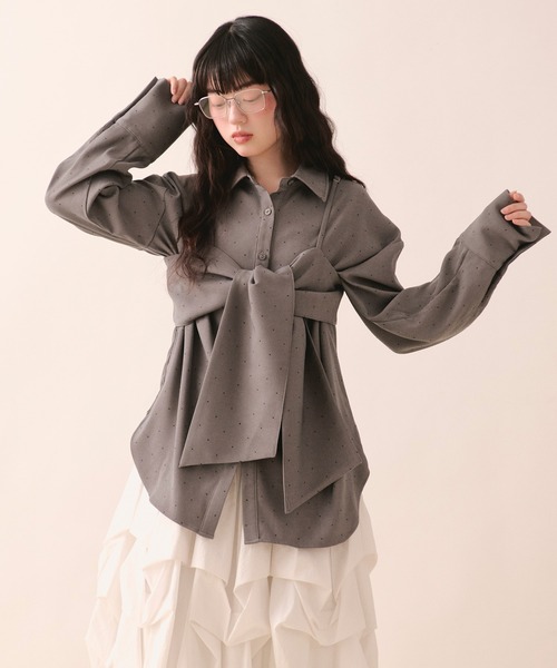 loin nuit（ロワンニュイ）の「line stone ribbon shirt / ラインストーンリボンシャツ（シャツ/ブラウス・レディース・ピンク/グレー・FREE）」の7枚目の写真