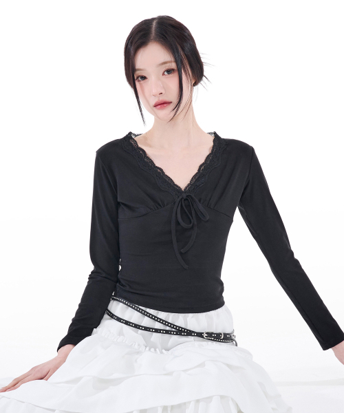 ALKI ALKA(アルキアルカ)の「Lace Trim Long Sleeve (Black)(Tシャツ/カットソー・レディース・ブラック・FREE)」の2枚目の写真