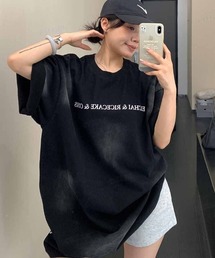 韓国ファッション FEICHAI英字ロゴウォッシュ加工半袖Tシャツ