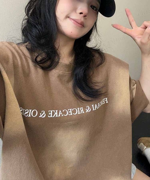 Dalfwin(ダールフィン)の「韓国ファッション FEICHAI英字ロゴウォッシュ加工半袖Tシャツ(Tシャツ/カットソー・レディース・ブラック/ブラウン・FREE)」の4枚目の写真