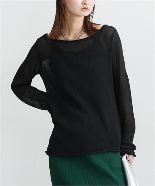 nissen(ニッセン)の「透かし編みボートネックニットソー(Tシャツ/カットソー・レディース・グレー/ブラック/ピンク・FREE)」の1枚目の写真