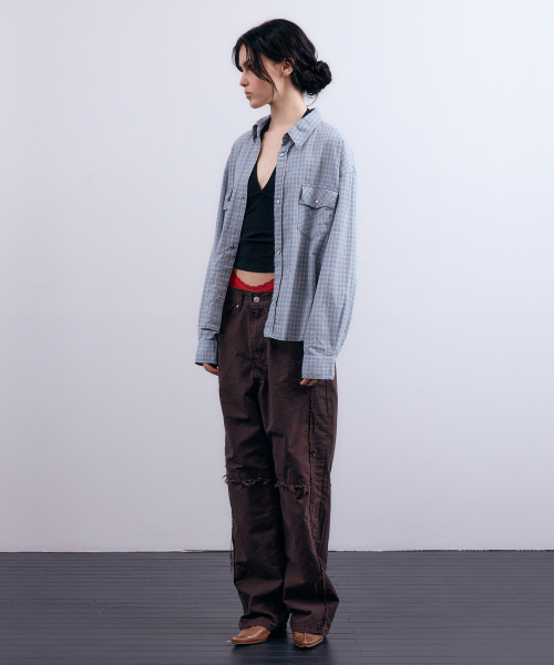 NUAKLE(ヌアクル)の「(w) ドライチェッククロップシャツ_スカイブルー(シャツ/ブラウス・レディース・その他・1/2)」の4枚目の写真
