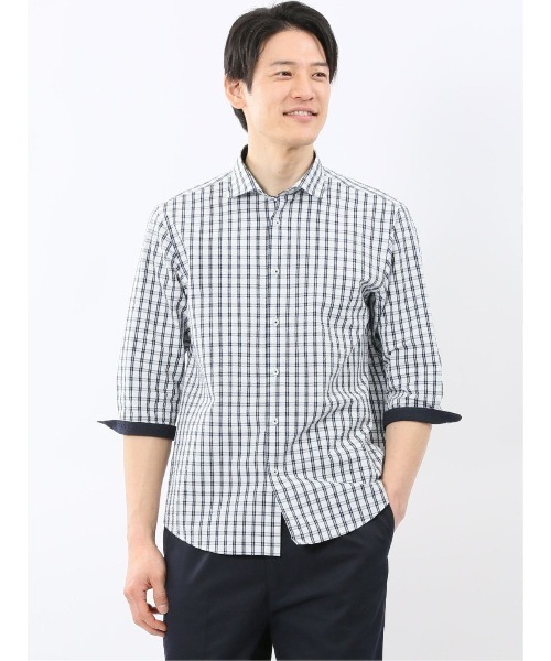 TAKA-Q(タカキュー)の「【吸水速乾 クールマックス】タカキュー 綿混 サッカー ワイドカラー 7分袖 シャツ(シャツ/ブラウス・メンズ・ブルー/サックスブルー/ネイビー/ブルー系その他・MEDIUM/LARGE/X-LARGE)」の4枚目の写真