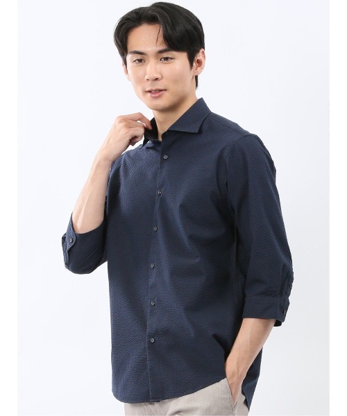 TAKA-Q(タカキュー)の「【吸水速乾 クールマックス】タカキュー 綿混 サッカー ワイドカラー 7分袖 シャツ(シャツ/ブラウス・メンズ・ブルー/サックスブルー/ネイビー/ブルー系その他・MEDIUM/LARGE/X-LARGE)」の2枚目の写真