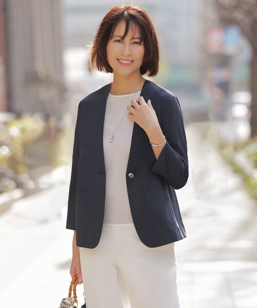 J.PRESS（ジェイプレス）の「【セットアップ対応】ファンマートロストレッチ ノーカラー ジャケット（ノーカラージャケット・レディース・ネイビー系/グレー系/ベージュ系・9/11/7）」の4枚目の写真