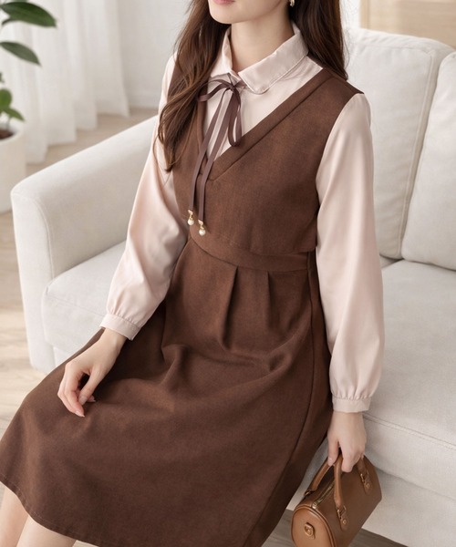 Dewlily(デューリリー)の「甘すぎないかわいさ 重ね着風 クラシカルレイヤード風ワンピース(ワンピース・レディース・ブラック/ブラウン・L/M/S)」の12枚目の写真