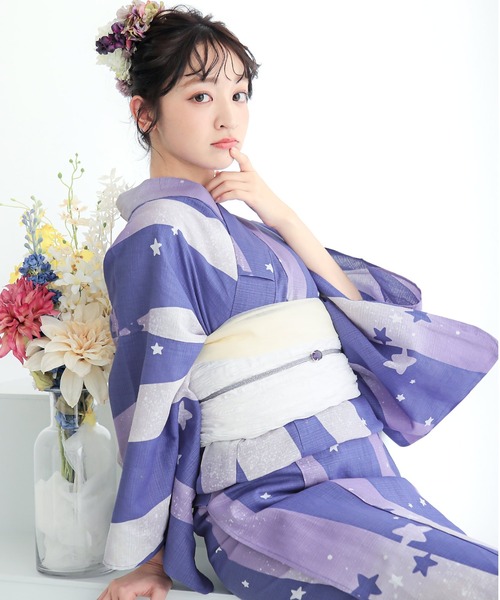 kimonomachi（キモノマチ）の「レディース浴衣2点セット 3L/4L（綿浴衣＋しわ兵児帯）大きいサイズ 変わり紅梅生地 綿100％ KIMONOMACHIオリジナル 大きいサイズの浴衣（浴衣・レディース・ブルーグリーン/ライトグリーン/ラベンダー/スカイブルー/ブルーグレー/ブラック×レッド/カリビアンブルー/ダークネイビー・4L/3L）」の8枚目の写真