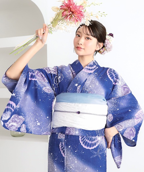 kimonomachi（キモノマチ）の「レディース浴衣2点セット 3L/4L（綿浴衣＋しわ兵児帯）大きいサイズ 変わり紅梅生地 綿100％ KIMONOMACHIオリジナル 大きいサイズの浴衣（浴衣・レディース・ブルーグリーン/ライトグリーン/ラベンダー/スカイブルー/ブルーグレー/ブラック×レッド/カリビアンブルー/ダークネイビー・4L/3L）」の5枚目の写真
