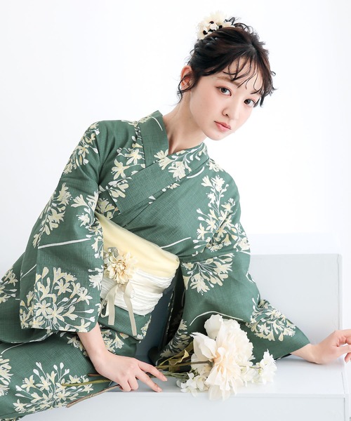 kimonomachi（キモノマチ）の「レディース浴衣2点セット 3L/4L（綿浴衣＋しわ兵児帯）大きいサイズ 変わり紅梅生地 綿100％ KIMONOMACHIオリジナル 大きいサイズの浴衣（浴衣・レディース・ブルーグリーン/ライトグリーン/ラベンダー/スカイブルー/ブルーグレー/ブラック×レッド/カリビアンブルー/ダークネイビー・4L/3L）」の3枚目の写真
