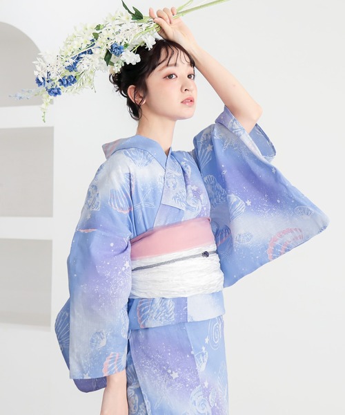 kimonomachi（キモノマチ）の「レディース浴衣2点セット 3L/4L（綿浴衣＋しわ兵児帯）大きいサイズ 変わり紅梅生地 綿100％ KIMONOMACHIオリジナル 大きいサイズの浴衣（浴衣・レディース・ブルーグリーン/ライトグリーン/ラベンダー/スカイブルー/ブルーグレー/ブラック×レッド/カリビアンブルー/ダークネイビー・4L/3L）」の4枚目の写真