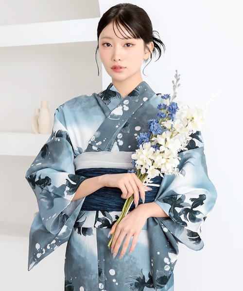 kimonomachi（キモノマチ）の「レディース浴衣2点セット 3L/4L（綿浴衣＋しわ兵児帯）大きいサイズ 変わり紅梅生地 綿100％ KIMONOMACHIオリジナル 大きいサイズの浴衣（浴衣・レディース・ブルーグリーン/ライトグリーン/ラベンダー/スカイブルー/ブルーグレー/ブラック×レッド/カリビアンブルー/ダークネイビー・4L/3L）」の2枚目の写真