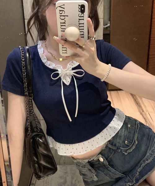 SpRay(スプレイ)の「テレコドットレイヤードトップス(Tシャツ/カットソー・レディース・サックスブルー/ネイビー/アイボリー/チャコールグレー/ブラック・FREE)」の4枚目の写真