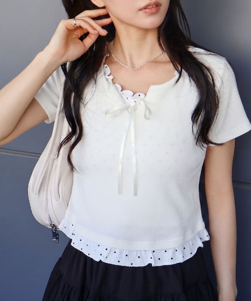 SpRay(スプレイ)の「テレコドットレイヤードトップス(Tシャツ/カットソー・レディース・サックスブルー/ネイビー/アイボリー/チャコールグレー/ブラック・FREE)」の1枚目の写真