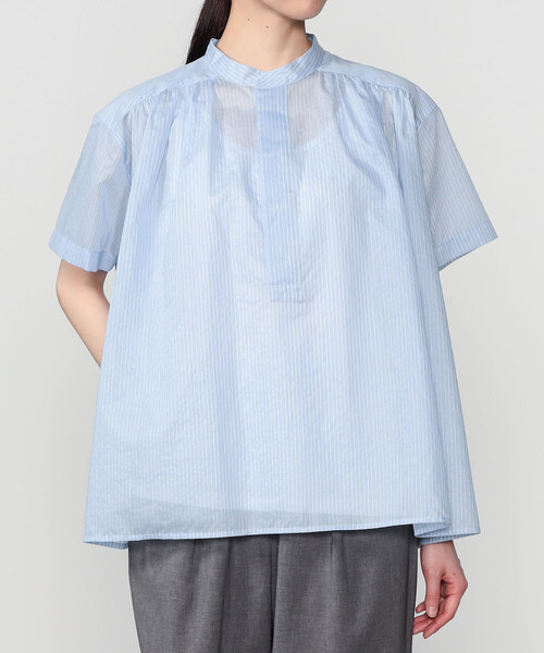 LE GLAZIK(ルグラジック)の「LE GLAZIK | シアーストライプ スタンドカラープルオーバーシャツ WOMEN(シャツ/ブラウス・レディース・ブルー系その他・36)」の1枚目の写真