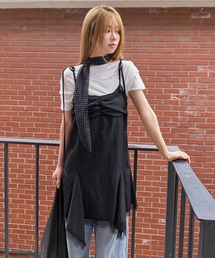 【UNE ORIGINAL】【レイヤード用としてもおすすめ】サイドファスナーレーストリミングアシンメトリーストリングリボンキャミワンピース