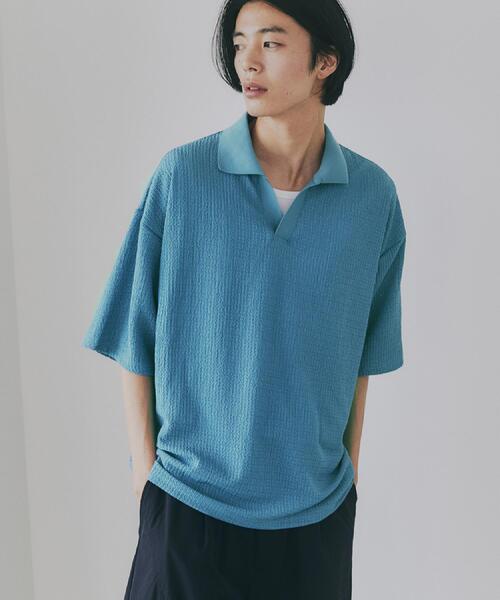 tk.TAKEO KIKUCHI(ティーケータケオキクチ)の「【ソフトタッチ】ルーズスキッパーポロシャツ/ソフト肌触り/オーバーサイズ/ルーズ/ドロップショルダー/通気性(Tシャツ/カットソー・メンズ・オフホワイト/ブラック/ライトブルー・01/02/03)」の3枚目の写真