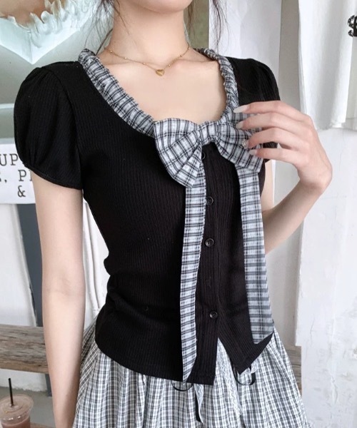 Alvia(アルビア)の「リボン半袖Tシャツ|甘辛ミックス(Tシャツ/カットソー・レディース・グレー/ホワイト/ブラック・M)」の4枚目の写真