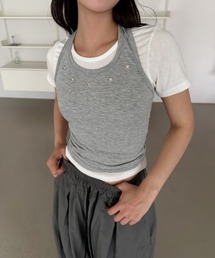 【2ピース】アイレット ホルターネック 配色 半袖 クロップド Tシャツ