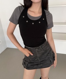【2ピース】アイレット ホルターネック 配色 半袖 クロップド Tシャツ