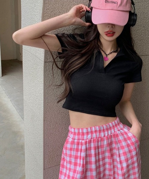 meJane（ミージェーン）の「クロップド丈 スキッパーポロTシャツ（Tシャツ/カットソー・レディース・ピンク/テラコッタ/ブラック/ホワイト・FREE）」の3枚目の写真