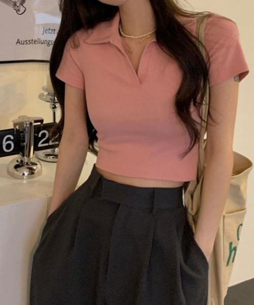 meJane（ミージェーン）の「クロップド丈 スキッパーポロTシャツ（Tシャツ/カットソー・レディース・ピンク/テラコッタ/ブラック/ホワイト・FREE）」の5枚目の写真