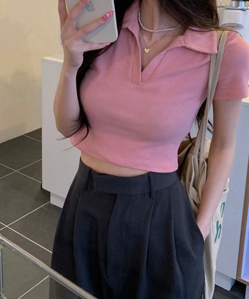 meJane（ミージェーン）の「クロップド丈 スキッパーポロTシャツ（Tシャツ/カットソー・レディース・ピンク/テラコッタ/ブラック/ホワイト・FREE）」の7枚目の写真