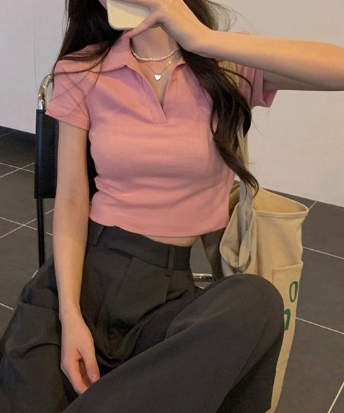 meJane（ミージェーン）の「クロップド丈 スキッパーポロTシャツ（Tシャツ/カットソー・レディース・ピンク/テラコッタ/ブラック/ホワイト・FREE）」の8枚目の写真