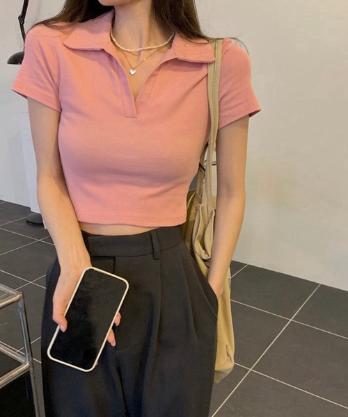 meJane（ミージェーン）の「クロップド丈 スキッパーポロTシャツ（Tシャツ/カットソー・レディース・ピンク/テラコッタ/ブラック/ホワイト・FREE）」の10枚目の写真