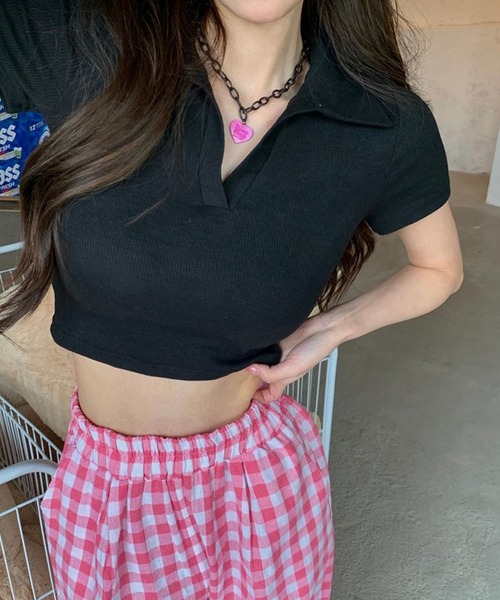 meJane（ミージェーン）の「クロップド丈 スキッパーポロTシャツ（Tシャツ/カットソー・レディース・ピンク/テラコッタ/ブラック/ホワイト・FREE）」の14枚目の写真
