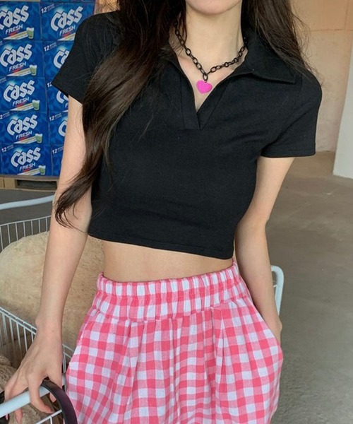 meJane（ミージェーン）の「クロップド丈 スキッパーポロTシャツ（Tシャツ/カットソー・レディース・ピンク/テラコッタ/ブラック/ホワイト・FREE）」の15枚目の写真