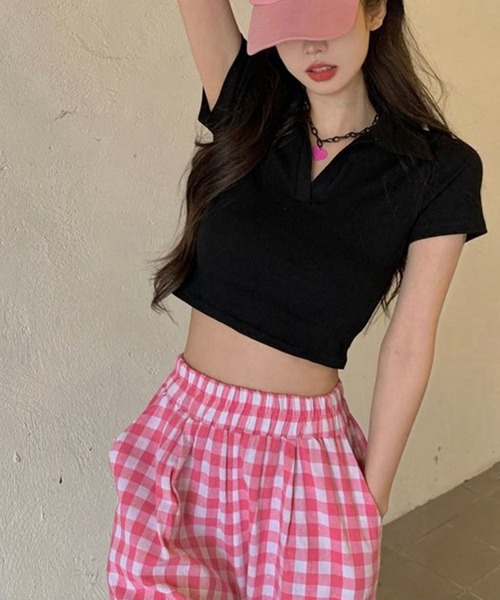 meJane（ミージェーン）の「クロップド丈 スキッパーポロTシャツ（Tシャツ/カットソー・レディース・ピンク/テラコッタ/ブラック/ホワイト・FREE）」の19枚目の写真