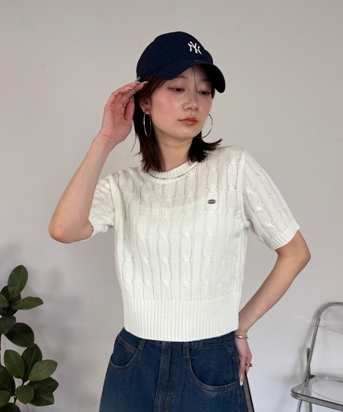 mellomela.(メロメラ)の「半袖ケーブルニット(ニット/セーター・レディース・ピンク/レッド/ミント/イエロー/ネイビー/アイボリー・FREE)」の2枚目の写真