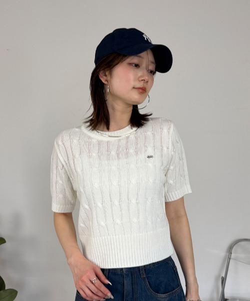 mellomela.(メロメラ)の「半袖ケーブルニット(ニット/セーター・レディース・ピンク/レッド/ミント/イエロー/ネイビー/アイボリー・FREE)」の7枚目の写真