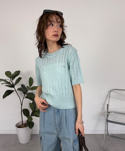 mellomela.(メロメラ)の「半袖ケーブルニット(ニット/セーター・レディース・ピンク/レッド/ミント/イエロー/ネイビー/アイボリー・FREE)」の10枚目の写真