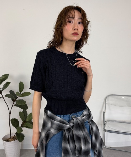 mellomela.(メロメラ)の「半袖ケーブルニット(ニット/セーター・レディース・ピンク/レッド/ミント/イエロー/ネイビー/アイボリー・FREE)」の13枚目の写真