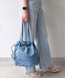 刺繍デニム巾着バッグ